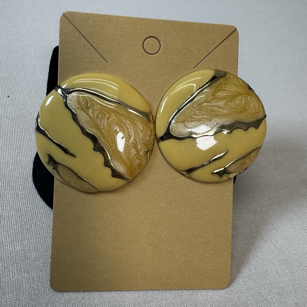 80's Enamel Abstract Earrings  Gold Tone Cream Statement‎ Large